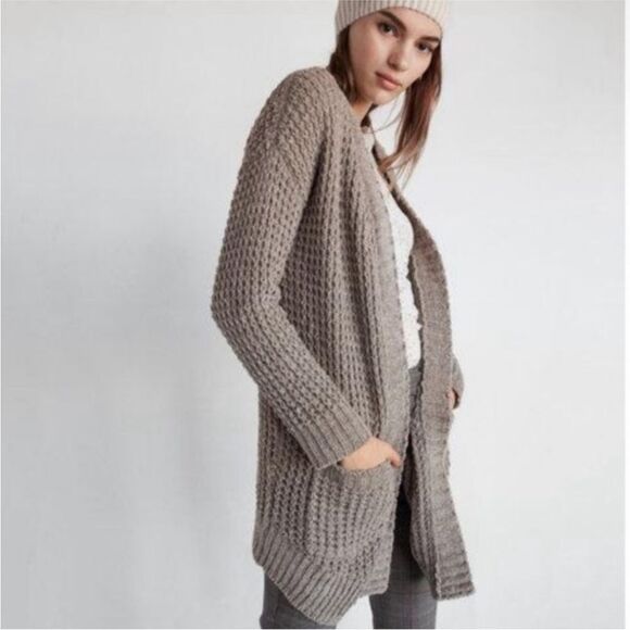 EXPRESS | Open Knit Open Front Beige Tan Cardigan with Pockets Women’s Size M - Picture 1 of 10